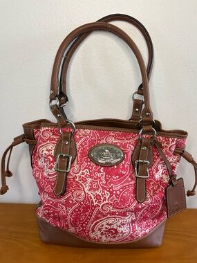 American Living Red Paisley Tote with Brown Leather Trim